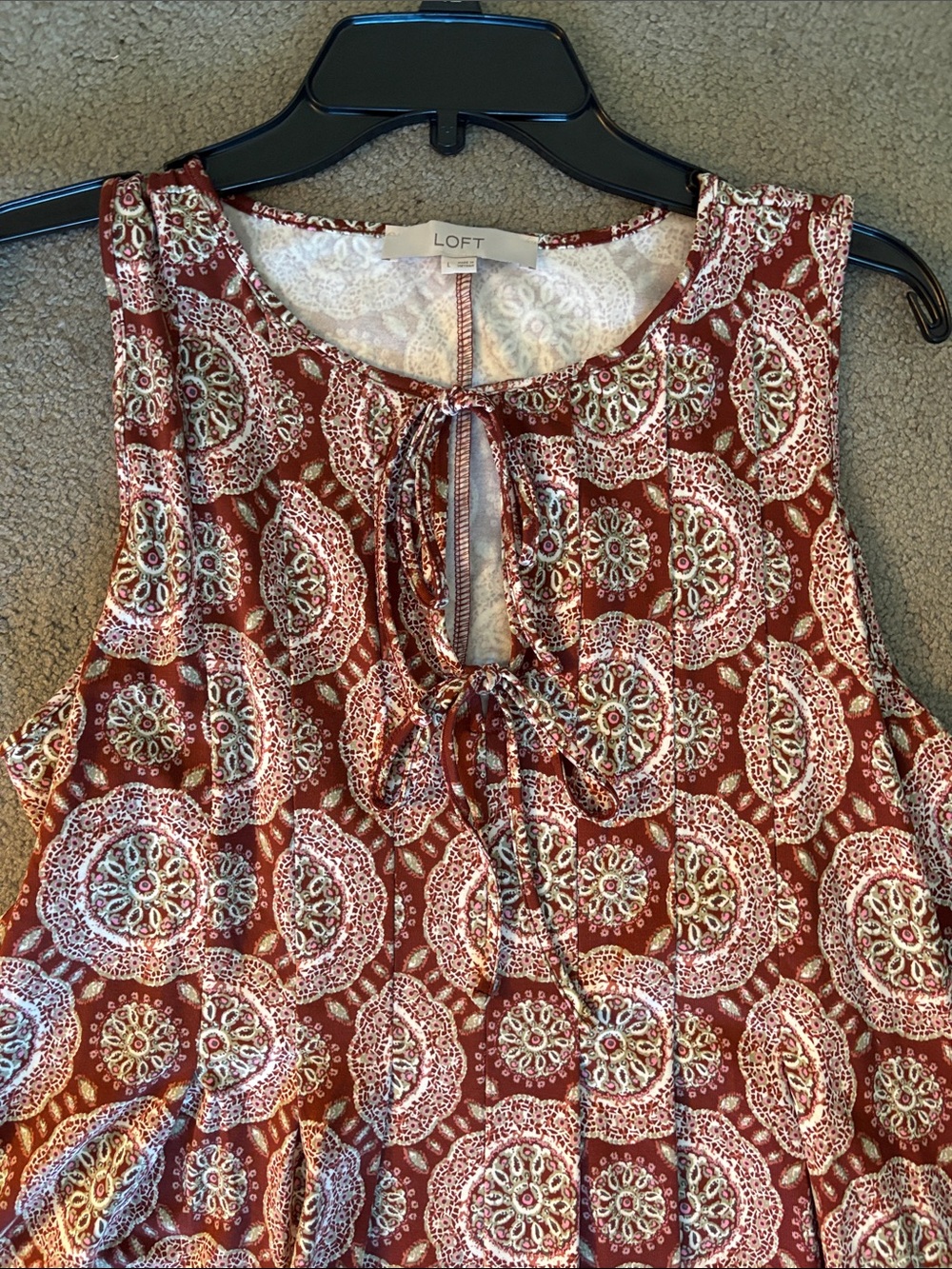 LOFT Rust Medallion Tie-Neck MIDI Dress
